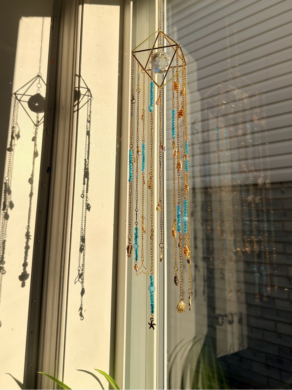 Hand Crafted Gold and Turquoise Hanging Wind Chime Mobile